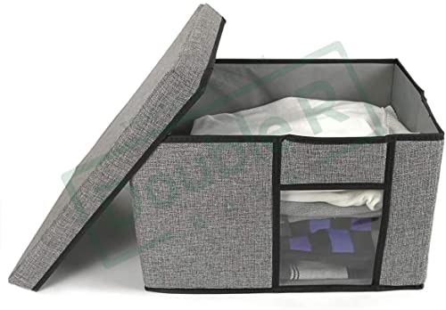 Image of Double R Bagd Fabric Storage Bins with Lid, 2 Handles and Clear Window, 16x12x10 inches (LxWxH) Washable Foldable Storage Basket Cube Box (Pack of 1, Grey)