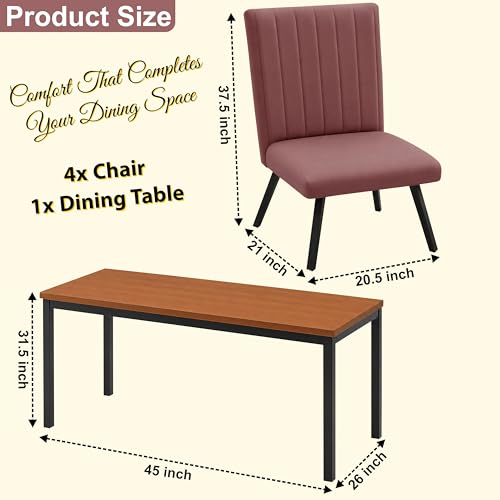 Image of Rosebell Set of 4 Dining Table Chairs with Wooden Top Table, Upholstered Cushioned Chairs, Modern Compact Dining Set for Home, Kitchen & Dining Room (Rose Pink)