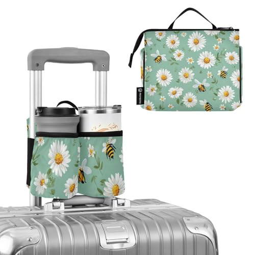 Image of Luggage Cup Holder for Suitcases Free Hands Suitcase Cup Holder Travel Luggage Drink Holder Portable Luggage Cup Caddy Bag Carrier with Handle Mint Green Daisy Flowers and Bees