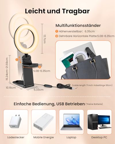Upgrade Ringlicht Laptop Handy PC 5” Videokonferenz Licht,Evershop Ringleuchte Ringlampe mit Stativ&Handyhalter 3 Lichtfarben+10 Helligkeiten 360°Drehbar Beleuchtung für Homeoffice,YouTube,TikTok