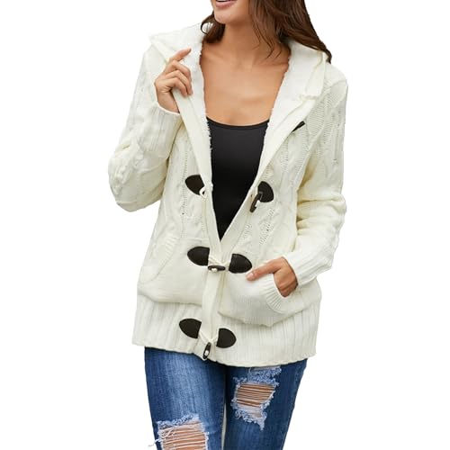 Womens 2024 Winter Hooded Cardigans Winter Button Up Cable Knit Sweater Coat Fashion Chunky Outerwear with Pockets (Medium,White)