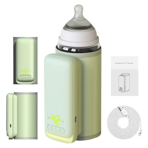 Calentador de Biberones Portatil, Recargable USB Calentador de Biberones con Pantalla LCD & 6 Temperatura Ajustable, 6000 mAh Calienta-Biberones para Bebé, El Hogar, Viajes (Verde)