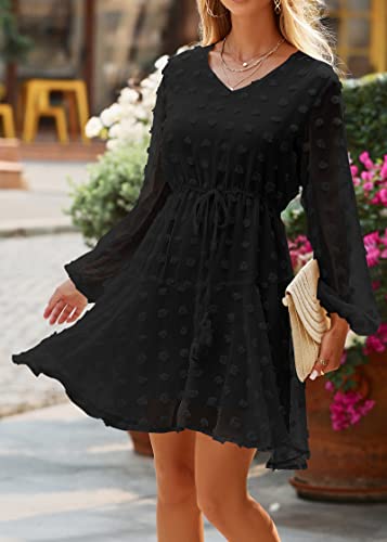 Kirundo Women's 2023 Fall Long Sleeve V Neck Flowy Mini Dress Swiss Dot High Waist Chiffon Casual Dresses With Belt(Black, Large) #TOP3