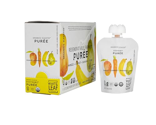 white leaf provisions organic purees  baby food pouches - fruits veggies amp grains toddler snack regeneratively farmed no added sugar non-gmo bpa-free pouches 317 oz pack of 24 mango  carrot  banana  pear