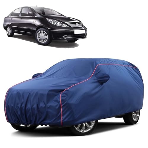 Image of Sulfar 100% Water Resistant Car Body Cover Compatible with Mirror for Tata Manza (Triple Stitched, Full Bottom Elastic, Blue Taffeta with Red Piping)