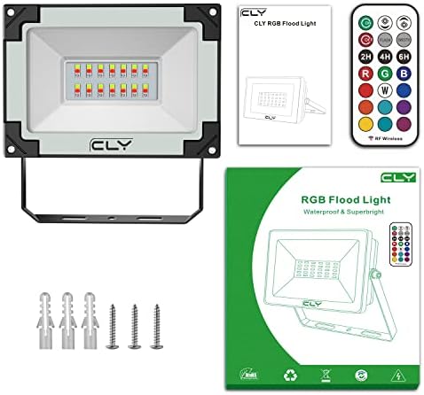 CLV 25W LED RGB Floodlight, Outdoor/Indoor Colour Changing Flood Lights with Remote Control, Memory Timing Function IP66 Waterproof Flood Light, Decoration for Stage Landscape Garden Party Pond,Grey