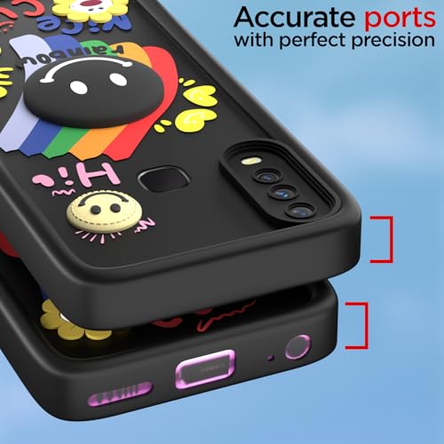Image of Pikkme Back Cover for Vivo Y12 / Y15 / Y17 / U10 | Soft Silicone| Cute Rainbow Smile & 3D Cartoon Flower Design | Shockproof Raised Camera Protection Bumper Case (Black)