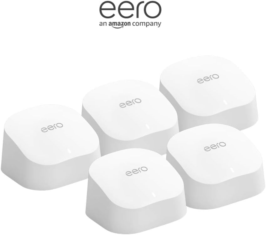 Amazon eero 6 mesh wifi system - Supports internet plans up to 500 Mbps, Coverage up to 5,000 sq. ft., Connect 75+ devices, 5-pack (3 routers + 2 extenders)