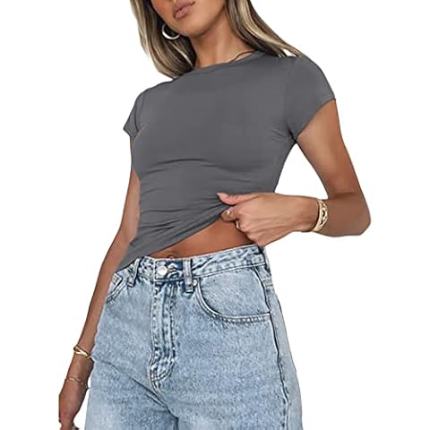 Women's Sexy Short Sleeve Crop Top Casual Slim Fit Crew Neck Tee Basic Skinny Tshirts Gray Cover