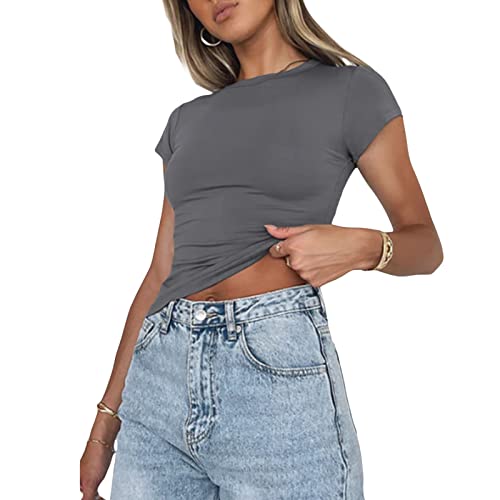 Sexy Short Sleeve Top For Women Solid Slim Fitted Shirt Tee Basic Crew Neck Crop Top Blouse(A-Grey,M) #TOP3
