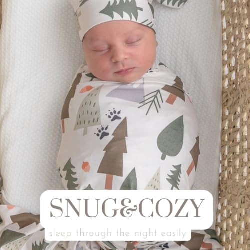 Image of Newborn Swaddle Set, Grey and Green Tree, Beanie | 31.4 x 31.4 in, for 0-3 months, swaddle and receiving blanket, beanie, name card, Grey and Green Tree