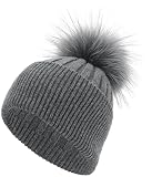Darkgrey Cashmere Beanie Hat for Women Winter Ribbed Knit Cuffed Beanie Skull Cap Hat with Real Fur Pom Pom Beanie Knit Ski Hat (Charcoal)