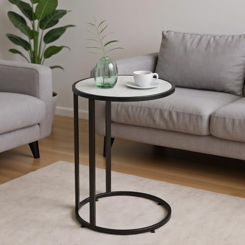 RiteSune Round C Shaped Side Table, Couch Side Tables That Slide Under, Coffee End Table with Faux Marble Top for Living Room, Balcony, Bedroom (Black Metal Frame)