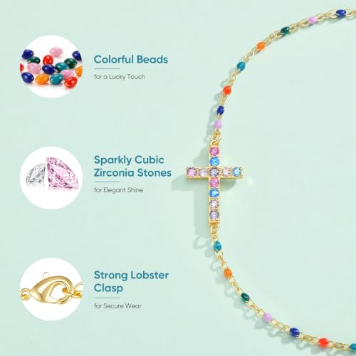 Cross Bracelet for Girls, 14K Gold Plated Christian Jewelry, Colorful Beads - image 3