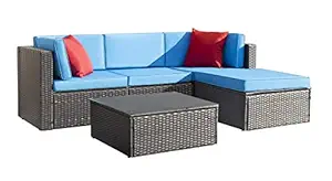 DEVOKO 3 Pieces Outdoor Patio Furniture Sets All Weather Outdoor Sectional Sofa Manual Weaving Wicker Rattan Patio Conversation Set with Cushion and Glass Table (Dark Brown & Sky Blue)