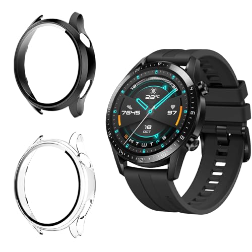 Funrae Custodia Compatibile con Huawei Watch GT 2 GT2 46mm [2 Pezzi], Cover Protettiva Telaio Rigida PC [Con Vetro Temperato] HD Clear Anti-Graffio Protezione Case - Trasparente&Nero