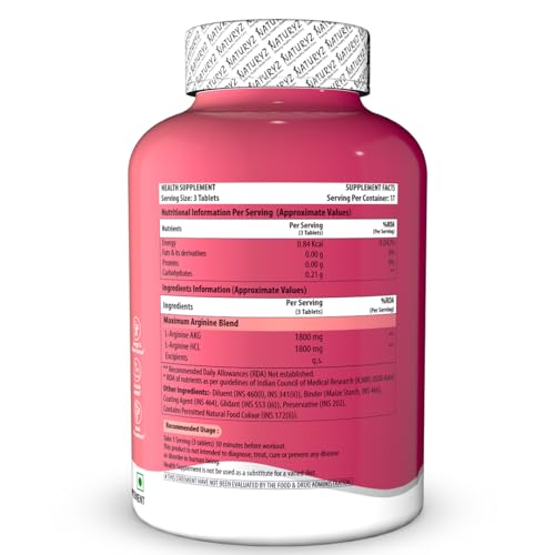 Image of NATURYZ Triple Strength 3600mg L-Arginine Complex | Bioactive form Arginine AKG & HCL for better absorption | Improves Pump & Performance | Ideal Pre-workout Supplement for Men & Women - 50 tablets