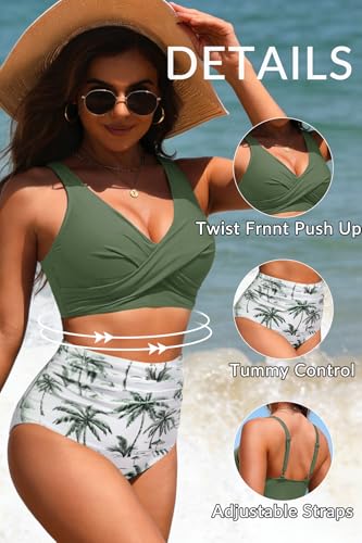 Image of Yonique High Waisted Two Piece Swimsuit-Womens Bikini Set Tummy Control Bathing Suit Modest Full Coverage Bikini 2025 Green Palm Tree M