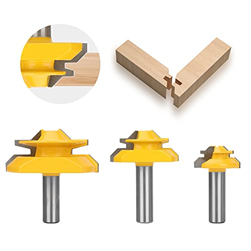 ACETOP 45 Degree Lock Miter Router Bit 12in Shank 3 Pcs Wood Milling Cutter Glue Joint Set for Woodworking Carpenter Plywood Cutting 12inch 34inch 1inch Stock 12 Shank