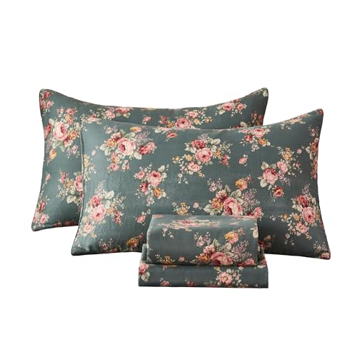 Image of FADFAY Forest Green Floral Queen Sheet Set - 100% Muslin Cotton Double Gauze Bedding - 4 Piece Shabby Chic Cottagecore Sheets, Ultra Soft Breathable Cooling Deep Pocket Fitted Sheet up to 17.5 inch