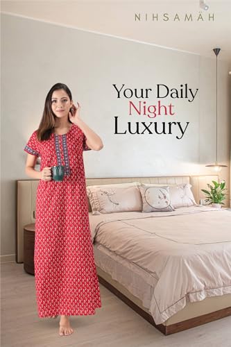 Image of NIHSAMAH Cotton Nighty for Women with Pocket, Premium Printed Long Nighty | Comfortable & Fancy Sleepwear /Nightwear