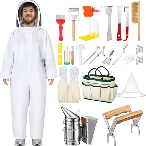 Leriton 30 Pcs Beekeeping Supplies Tools Bee Suit Bees Keeper Starting Kit Bees Keeping Supplies All Bee Hive Hives Boxes Starter Kit for Beekeeper Men Women(XXL)