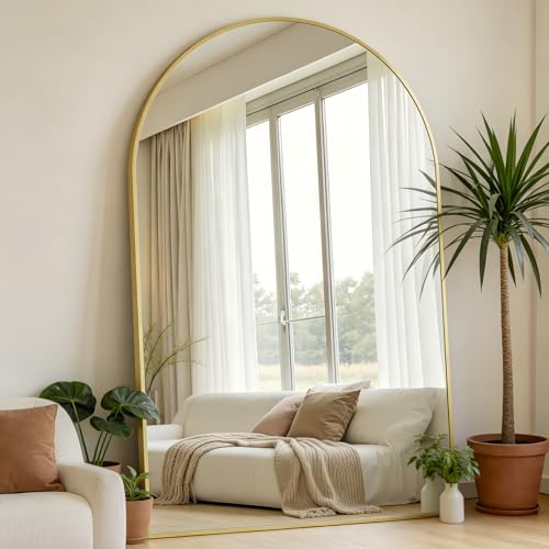 Image of Prywot Full Length Mirror, Oversized 90 inchx46 inch Arched-Top Floor Mirror, Gold