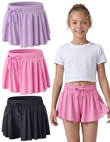 Image of 1 or 3 Pack Girls Flowy Shorts with Spandex Liner & Pocket, 2-in-1 Athletic Butterfly Shorts for Running Dance