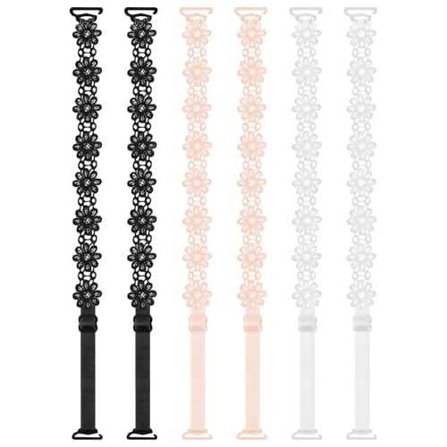 3 Pairs Women's Bra Straps Lace Flower Elastic Underwear Strap Replacement Shoulder Non-Slip (White, Beige, Black)