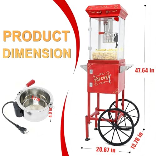 Image of Popcorn Maker Machine - 9OZ Stainless Steel Kettle, Popcorn Machine with Cart Wheels, Retro Theater Style for Home, Parties, Commercial, Office, Events, Markets, Christmas