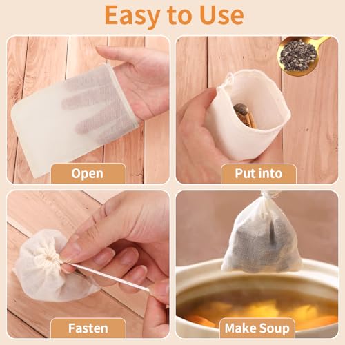 40 Pcs Empty Spice Bags for Cooking Soup, Reusable Tea Bags for Loose Tea, 4x6 In Natural Muslin Drawstring, Small Cheese Cloth Cotton for Straining, Unbleached Cheesecloth Herb Sachet
