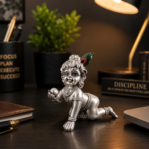 Image of Gold Art India 999 Silver Plated Bal Krishna Idol (3.3 Inch) | Antique Matte Laddu Gopal Murti | Premium Peacock Green Velvet Gift Box | Krishna Idol for Home Temple, Office Decor & Spiritual Gifting