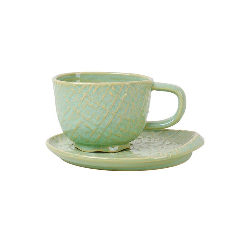 Porcelanowy kubek do kawy ze spodkiem, Tłoczony ceramiczny zestaw filiżanek do kawy i spodków Podwieczorek restauracja Zielony 15,4 x 7, cm