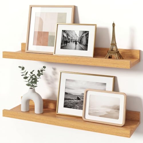 Ornawit Oak Picture Ledge Shelves for Wall, 4.5" Deep Wood Floating Shelves with Lip for Bedroom, Living Room, 16" Width, Color Oak Set of 2