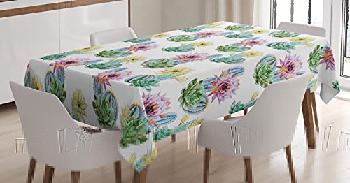 Best Seller Ambesonne Cactus Tablecloth, Hot Desert in South Mexican Land Vintage Plant Cactus Flowers with Spikes, Dining Room Kitchen Rectangular Table Cover, 60 X 84, Green Pink