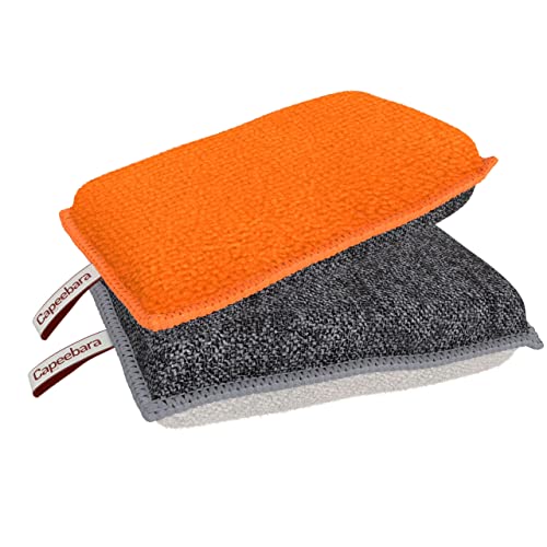 Eponges Lavables Réutilisables - CAPEEBARA - Eponges Grattante et Douce (Orange et Gris Clair - Lot de 2)