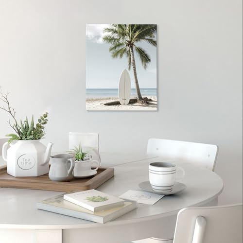 Image of CHDITB Beach Canvas Wall Art, Coastal Palm Tree Surfboard Wall Decor, Ocean Wave Seagull Artwork, Minimalist Surfing Pictures, Tropical Beach Prints for Bathroom Living Room seaside Bedroom 8 inchx10 inchx6