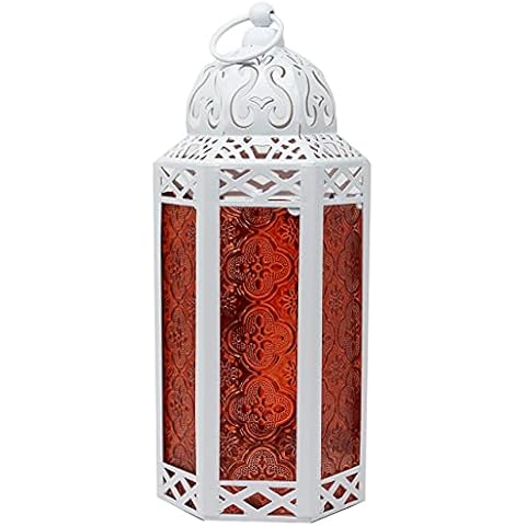 Vela Lanterns White Moroccan Decorative Candle Lantern Holder, Red Glass, Medium Cover
