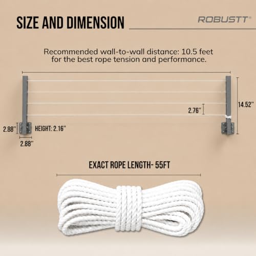 Image of Robustt Wall Mounted Clothes Drying Stand | 55 Ft Drying Space | Heavy-Duty Foldable Powder Coated Metal Arms Cloth Dryer Rack | Space Saving Laundry Hanger for Balcony, Bathroom, Terrace | Grey