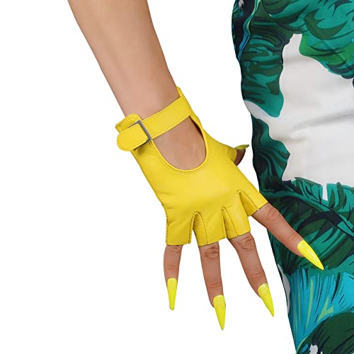 DooWay Women's Short Leather Driving Gloves Yellow Half Finger Genuine Sheepskin Thin Single Layer Motorcycle Driving Fingerless Glove