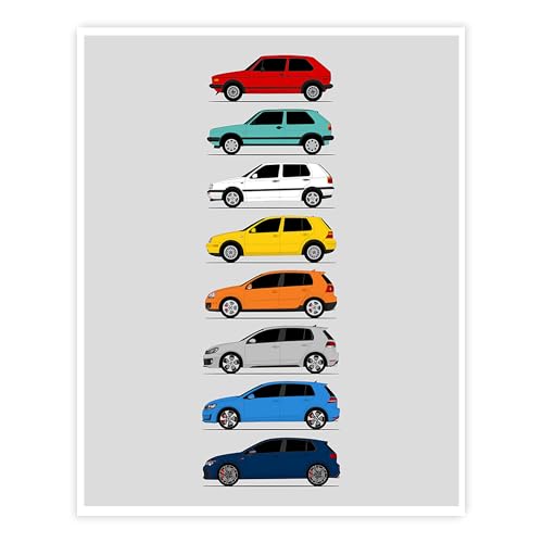 Custom Car Posters ��� �t�H���N�X���[�Q�� �S���t GTI (Volkswagen Golf GTI) �W�F�l���[�V�����Y�i�T�C�h�r���[�j�|�X�^�[ �E�H�[���A�[�g VW GTI�i�Ԏ�FMK1 - MK8�j �}���` 21 x 29.7 c