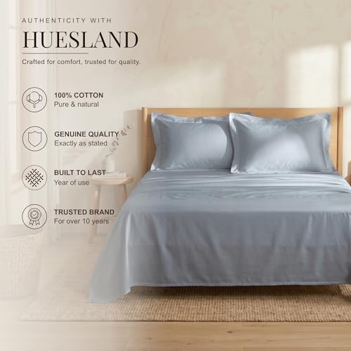 Image of HUESLAND Premium 300 TC Pure Cotton Sateen Weave Queen Bed Bedsheet with 2 Pillow Covers Included | Greyish Blue | 88 x 100 inches