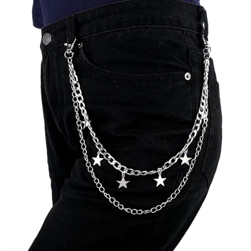 Hip Hop Pants Chain for Women, Vintage Star Jean Chain Y2k Waist Chain Layered Star Belt Chain Pocket Goth Chain for Women Girls Keychain Wallet Pants Boots Body Accessories, Silver