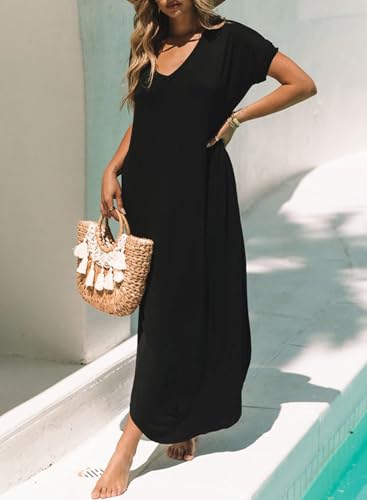 Dokotoo Womens Summer Dresses 2025 Short Sleeve Long T Shirt Dress Split Maxi Dress Beach Sundresses with Pockets - Image 5