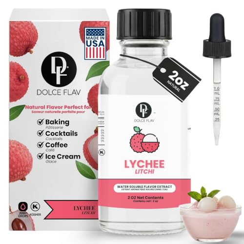 Image of Dolce Flav Natural Lychee Extract - 2 Ounce Water-Soluble Kosher, Sugar-Free, Concentrated Exotic Lychee Flavoring for Beverages, Desserts & Baking, Includes Measured Dropper