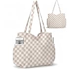 Corduroy Tote Bag for Women, Large Capacity Cute Tote Bags With 6 Pockets, Laptop Tote Bag Crossbody Shoulder Handbag Teacher Nurse Bags for Work Travel Gym(Khaki Grid)