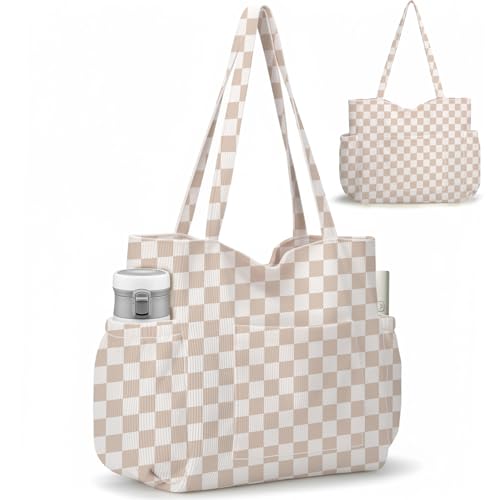 Corduroy Tote Bag for Women, Large Capacity Cute Tote Bags With 6 Pockets, Laptop Tote Bag Crossbody Shoulder Handbag Teacher Nurse Bags for Work Travel Gym(Khaki Grid)