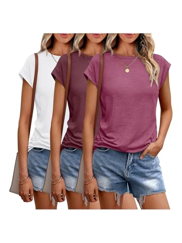 Cuptacc Tank Top Damen Sommer 3er Pack Rundhals Oberteile Damen Elegant Tops Cute Tshirt Basic Business Outfit Multi-Pack Bluse Weiß Hibiscus WineRed Mittel M 38-40