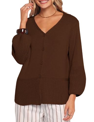 Women’s V Neck Knitted Cardigan Long Balloon Sleeve Button Down Front Sweater Casual Contrast Knitwear
