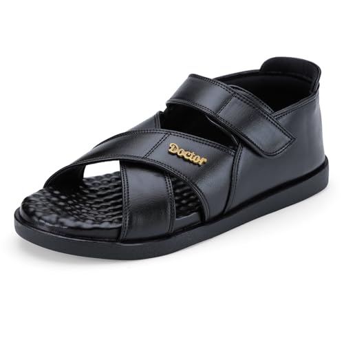 Image of DOCTOR EXTRA SOFT Orthopedic Diabetic Comfortable Dr Sole Footwear Daily Use Casual Wear Stylish Black Cushioned Adjustable Strap Sandals for Men's-Gents & Boy's L-12